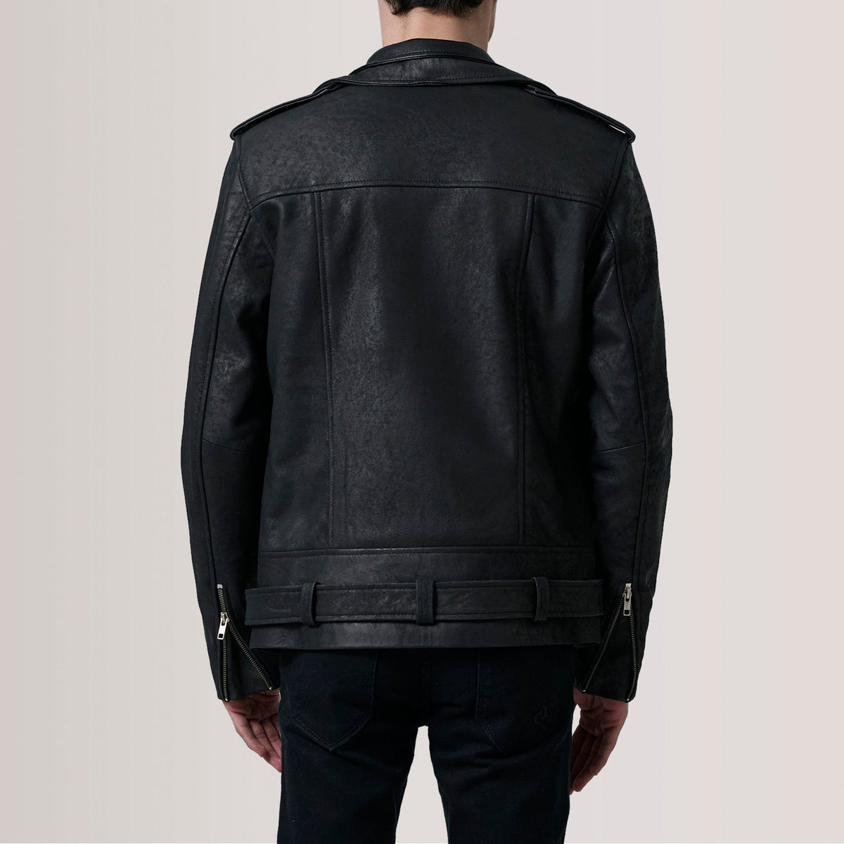 
Vue détaillée of Notch & Zipper & Waist Straps Hardware on Kole Noir Vieilli Leather Double Rider Veste en Cuir pour Homme