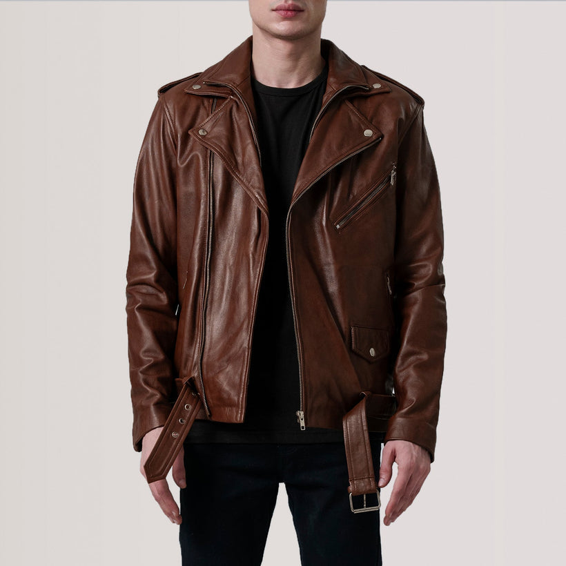 Kole Waxed Brown Leather Double Rider Jacket in Distressed Brown Sheepskin Burnished - Front Profile View & Tailored Silhouette | Buy Online