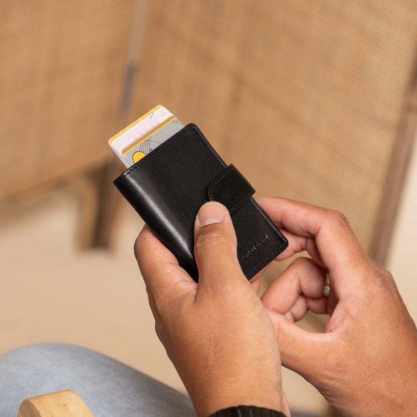 Classic 100% Full-Grain Leather Card Holder - Rear Perspective Showing Reinforced Leather Straps & Stitching