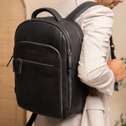 Classic 100% Full-Grain leather Backpack - Rear Perspective Showing Reinforced Leather Straps &amp; Stitching