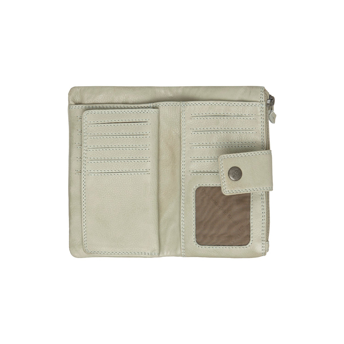 
Solid Antique Brass Hardware & Heavy-Duty Dual Zipper Detail on Fresno Portefeuille en cuir pleine fleur