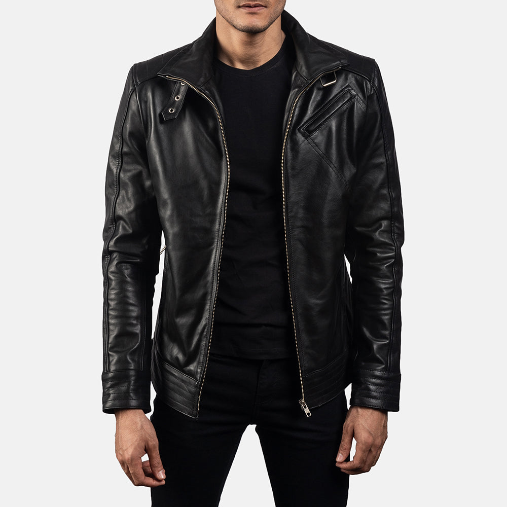 Men's Legacy Noir Veste Motard en Cuir pour Homme in Black Cowhide Leather - Vue de face &amp; silhouette ajustée | Acheter en ligne