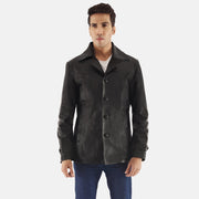 Leo Noir Manteau en Cuir pour Homme in Black Cowhide Leather - Vue de face &amp; silhouette ajustée | Acheter en ligne