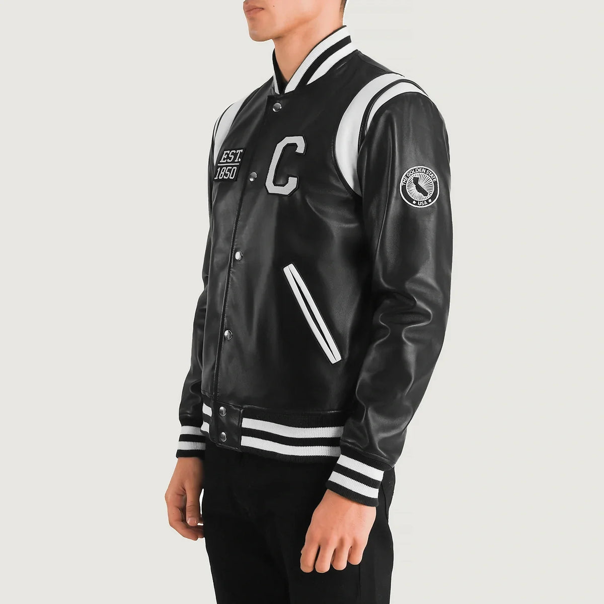 Black &amp; White Sheepskin Leather Varsity Jacket - Vue de dos avec coupe ajustée aux épaules &amp; ourlet soigné