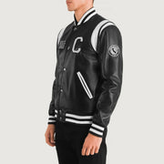 Black &amp; White Sheepskin Leather Varsity Jacket - Vue de dos avec coupe ajustée aux épaules &amp; ourlet soigné