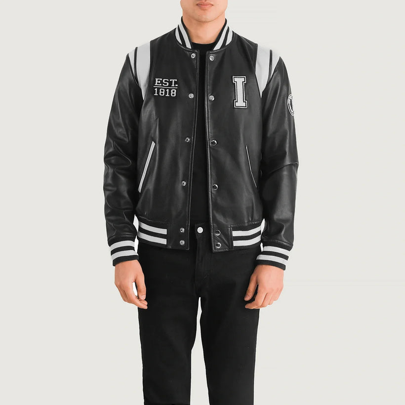 Liberte Illinois Noir Leather Varsity Veste en Cuir pour Homme