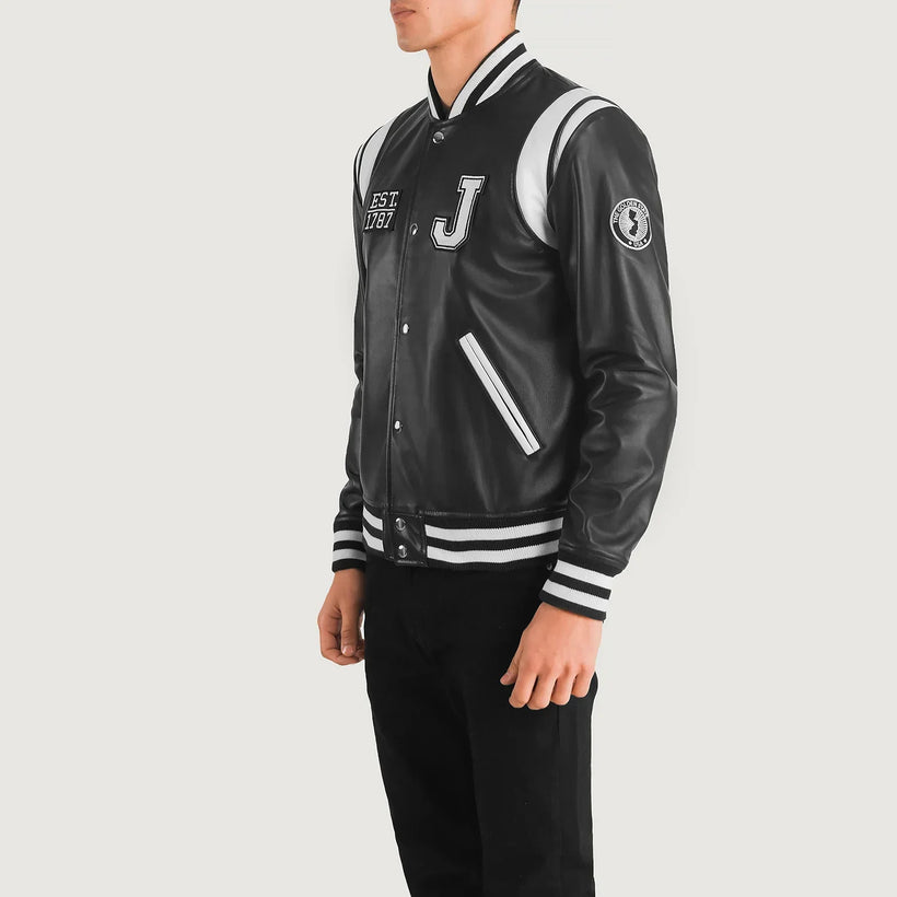 Liberte New Jersey Noir Leather Varsity Veste en Cuir pour Homme