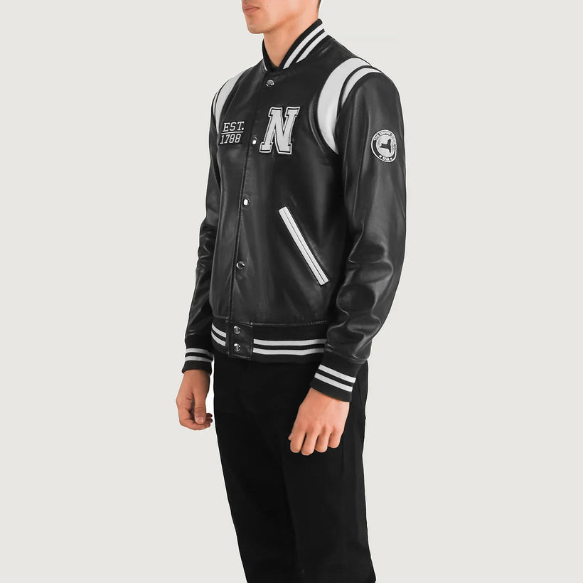 Liberte New York Noir Leather Varsity Veste en Cuir pour Homme