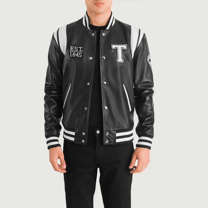 Liberte Texas Noir Leather Varsity Veste en Cuir pour Homme