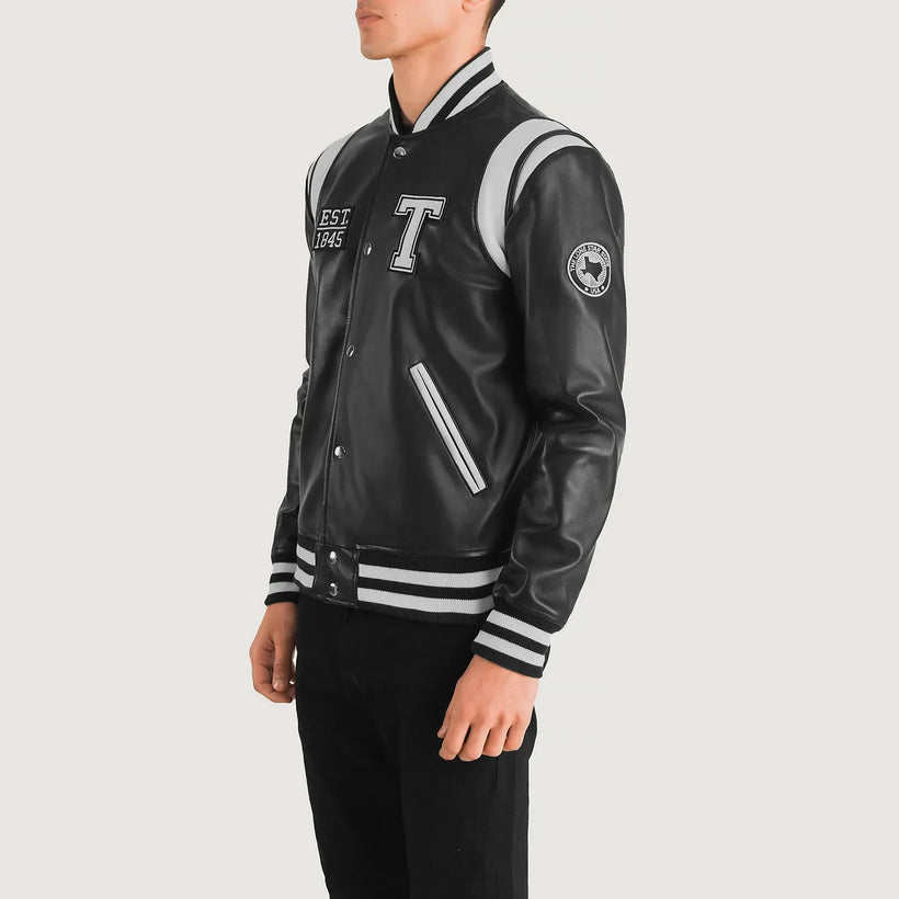 Liberte Texas Noir Leather Varsity Veste en Cuir pour Homme