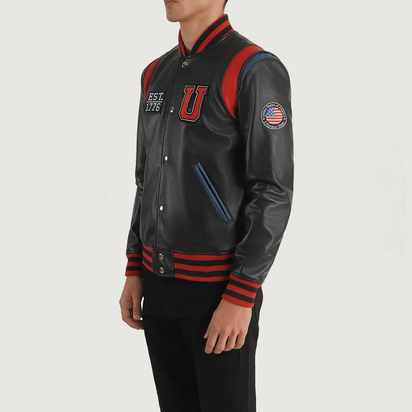 Liberte Usa Noir Leather Varsity Veste en Cuir pour Homme
