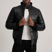 Lucas Blue Leather Puffer Bomber Jacket in Blue Sheepskin Leather - Vue de face &amp; silhouette ajustée | Acheter en ligne