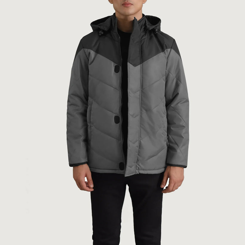 Luka Noir & Gris Hooded Puffer Veste en Cuir pour Homme