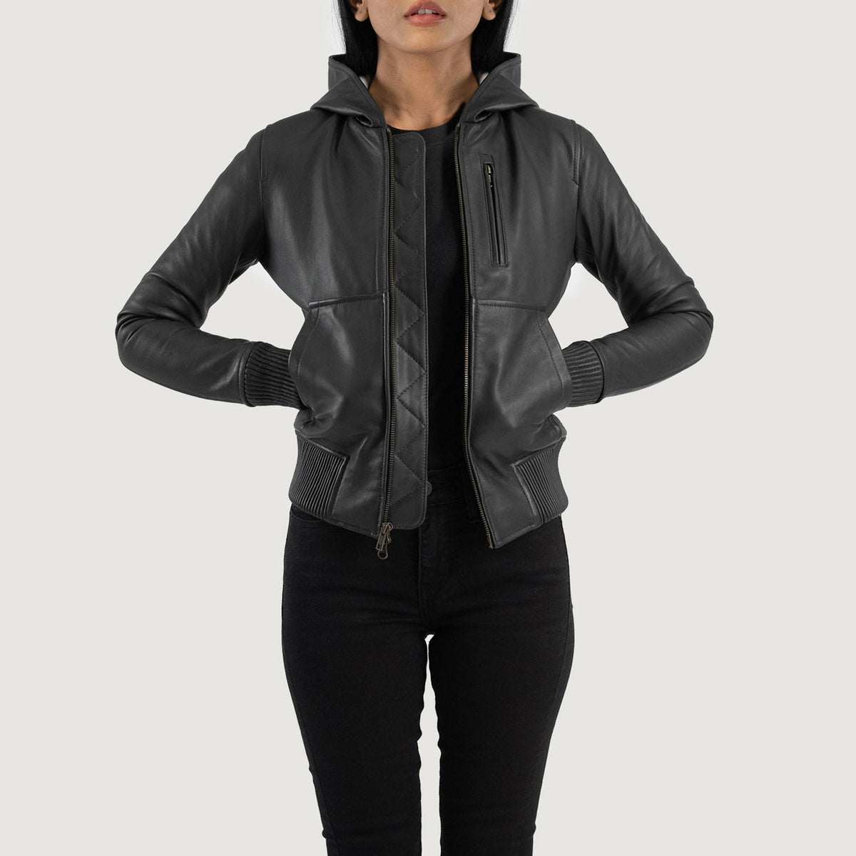 Luna Hooded Blouson Bomber en Cuir pour Femme – Vue produit alternative 1