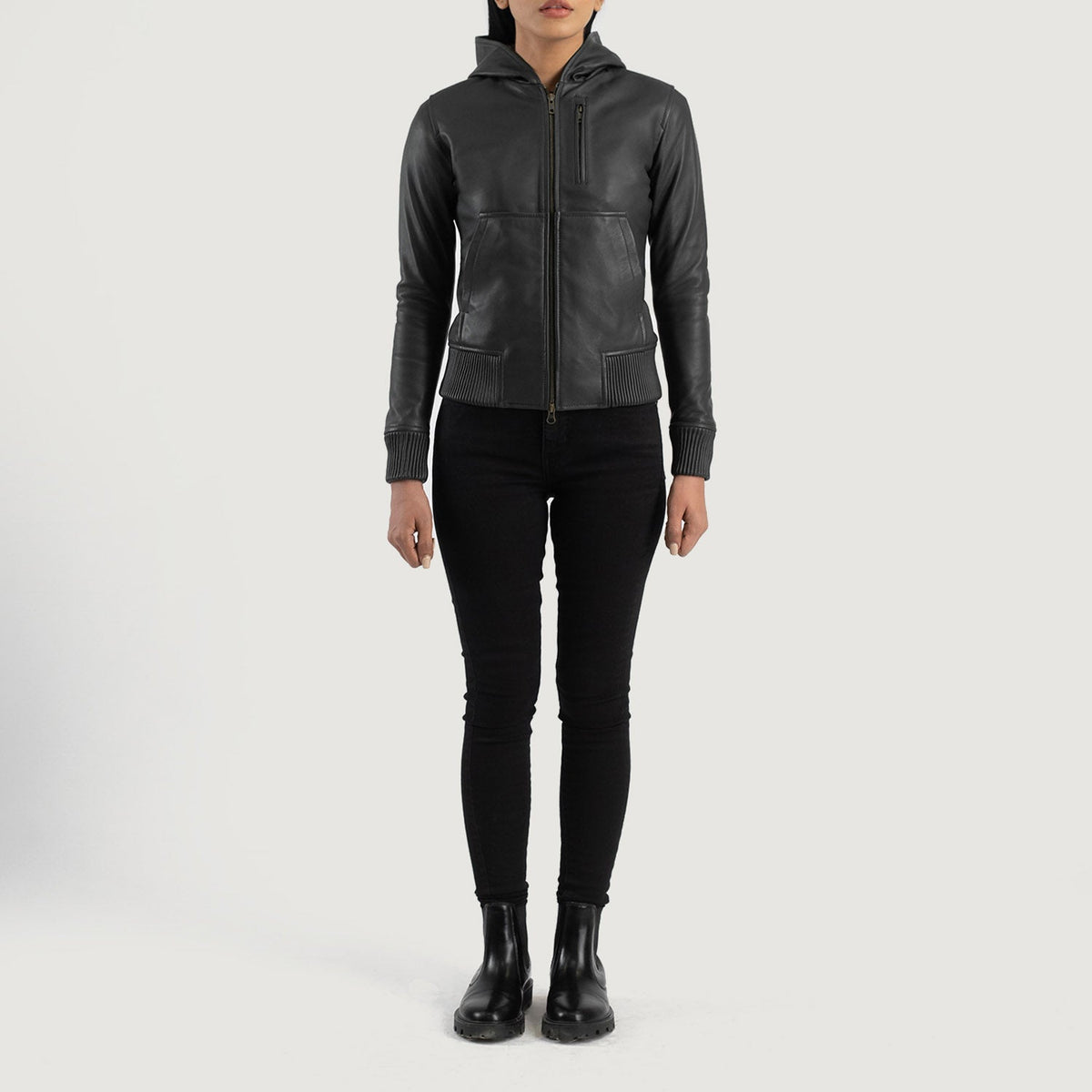 Luna Hooded Blouson Bomber en Cuir pour Femme – Vue produit alternative 3