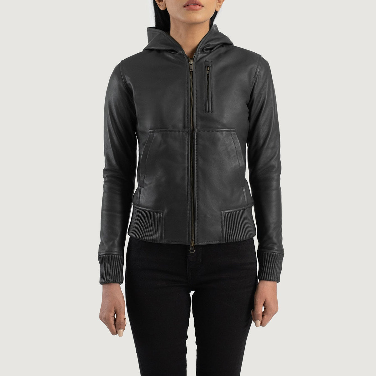 Luna Hooded Blouson Bomber en Cuir pour Femme – Vue produit alternative 4
