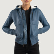 Women's Luna Blue Hooded Leather Bomber Jacket in Blue Sheepskin Leather - Vue de face &amp; silhouette ajustée | Acheter en ligne