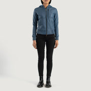 Women's Luna Blue Hooded Leather Bomber Jacket - Vue de profil avec coupe de manche ergonomique