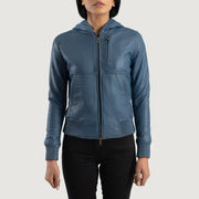 Vue détaillée of Hooded &amp; Zipper Hardware on Women's Luna Blue Hooded Leather Bomber Jacket