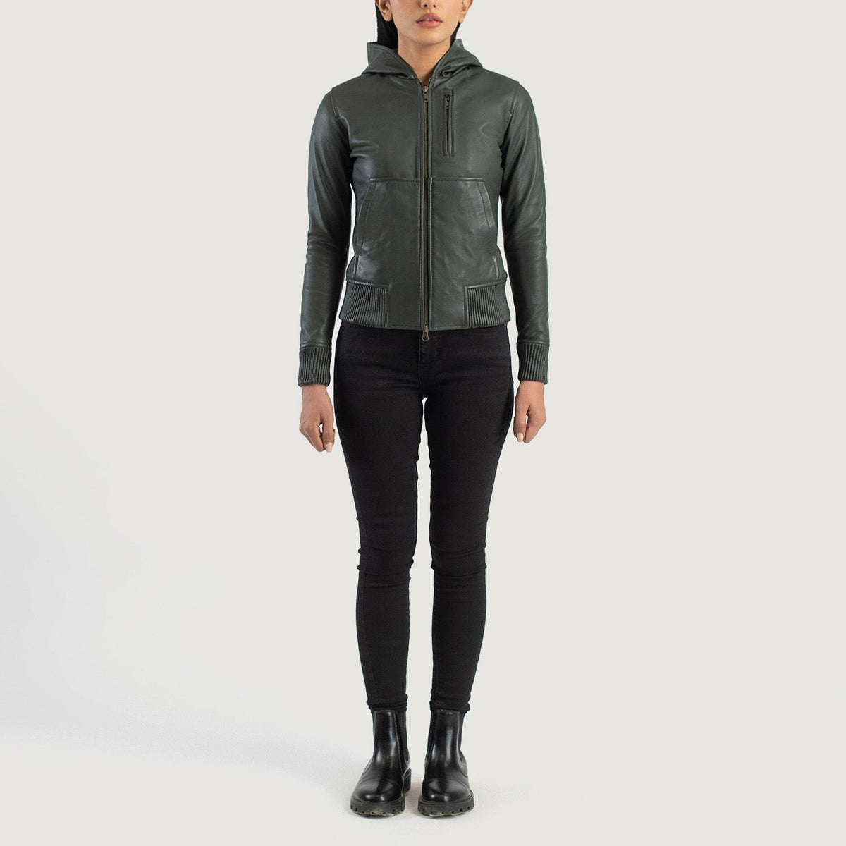Luna Hooded Blouson Bomber en Cuir pour Femme – Vue produit alternative 3
