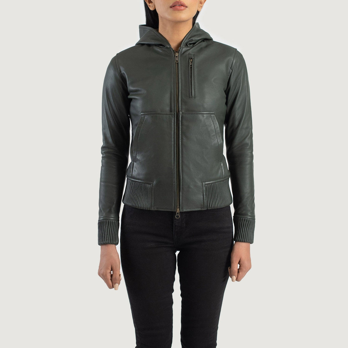 Luna Hooded Blouson Bomber en Cuir pour Femme – Vue produit alternative 4