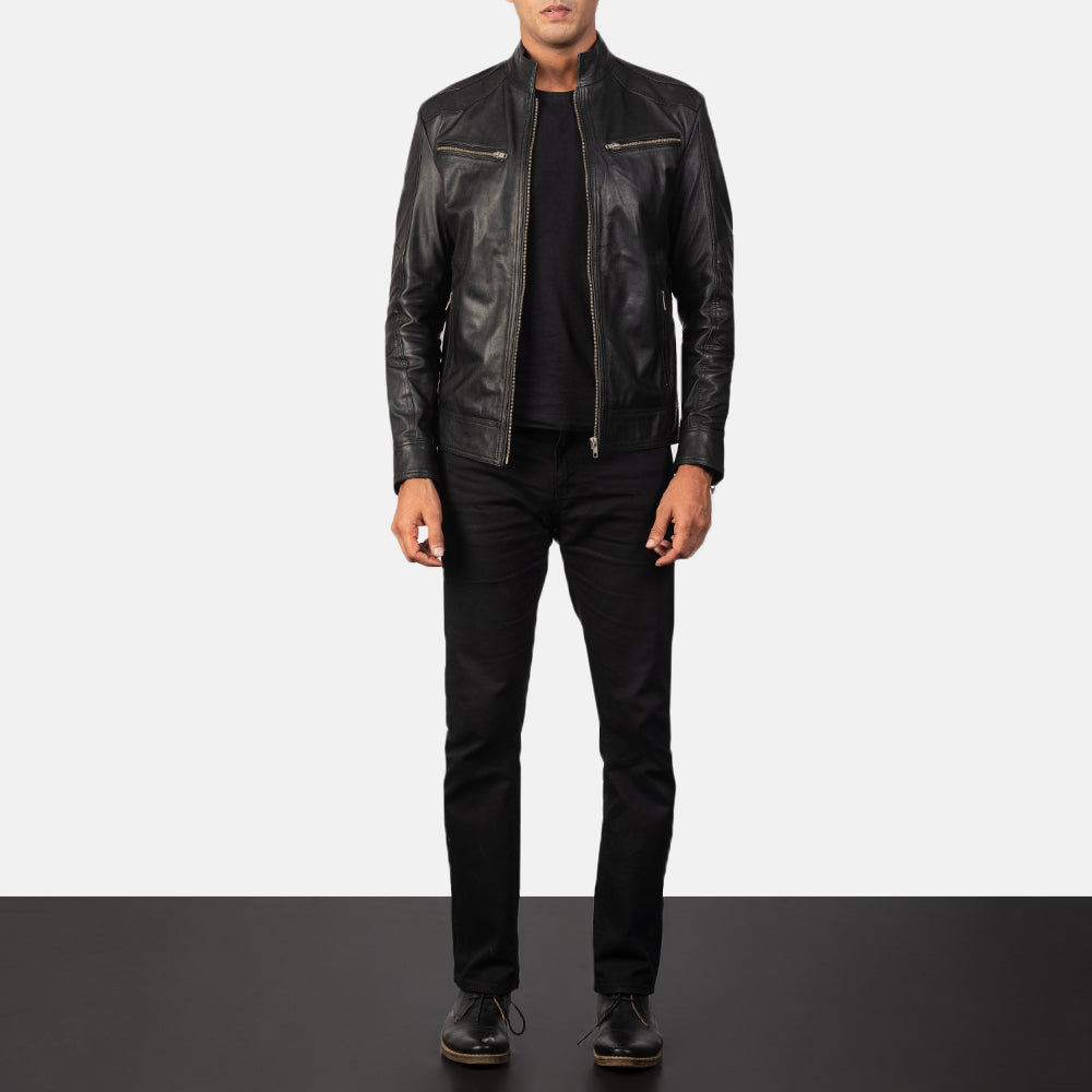 Men's Mack Noir Veste Motard en Cuir pour Homme - Vue de profil avec coupe de manche ergonomique
