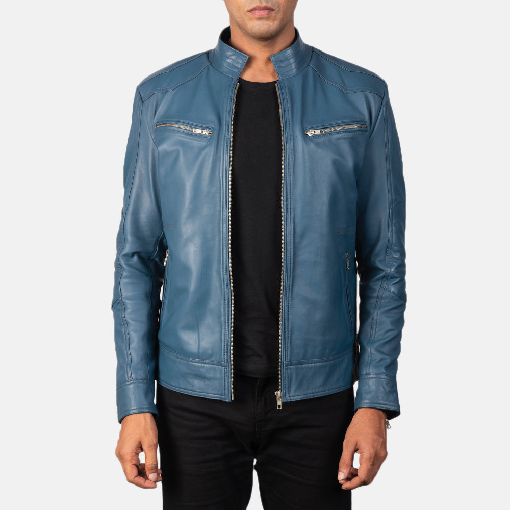 Mack Bleu Veste Motard en Cuir pour Homme in Blue Sheepskin Leather - Vue de face &amp; silhouette ajustée | Acheter en ligne
