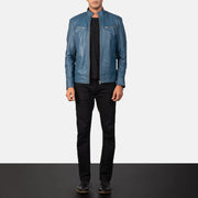 Mack Bleu Veste Motard en Cuir pour Homme - Vue de profil avec coupe de manche ergonomique