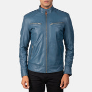 Vue détaillée of Band &amp; Zipper Hardware on Mack Bleu Veste Motard en Cuir pour Homme