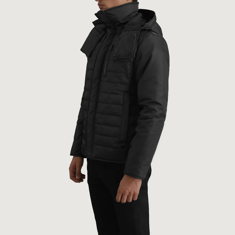 Malcolm Noir Hooded Puffer Veste en Cuir pour Homme