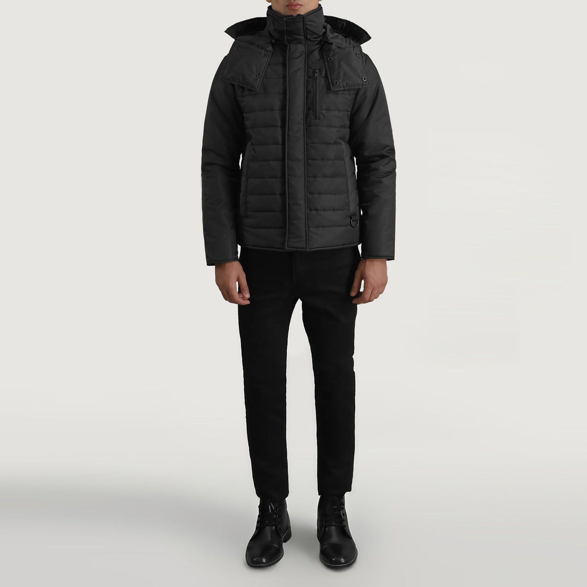 
Malcolm Noir Hooded Puffer Veste en Cuir pour Homme - Vue de profil mettant en valeur la coupe de manche ergonomique