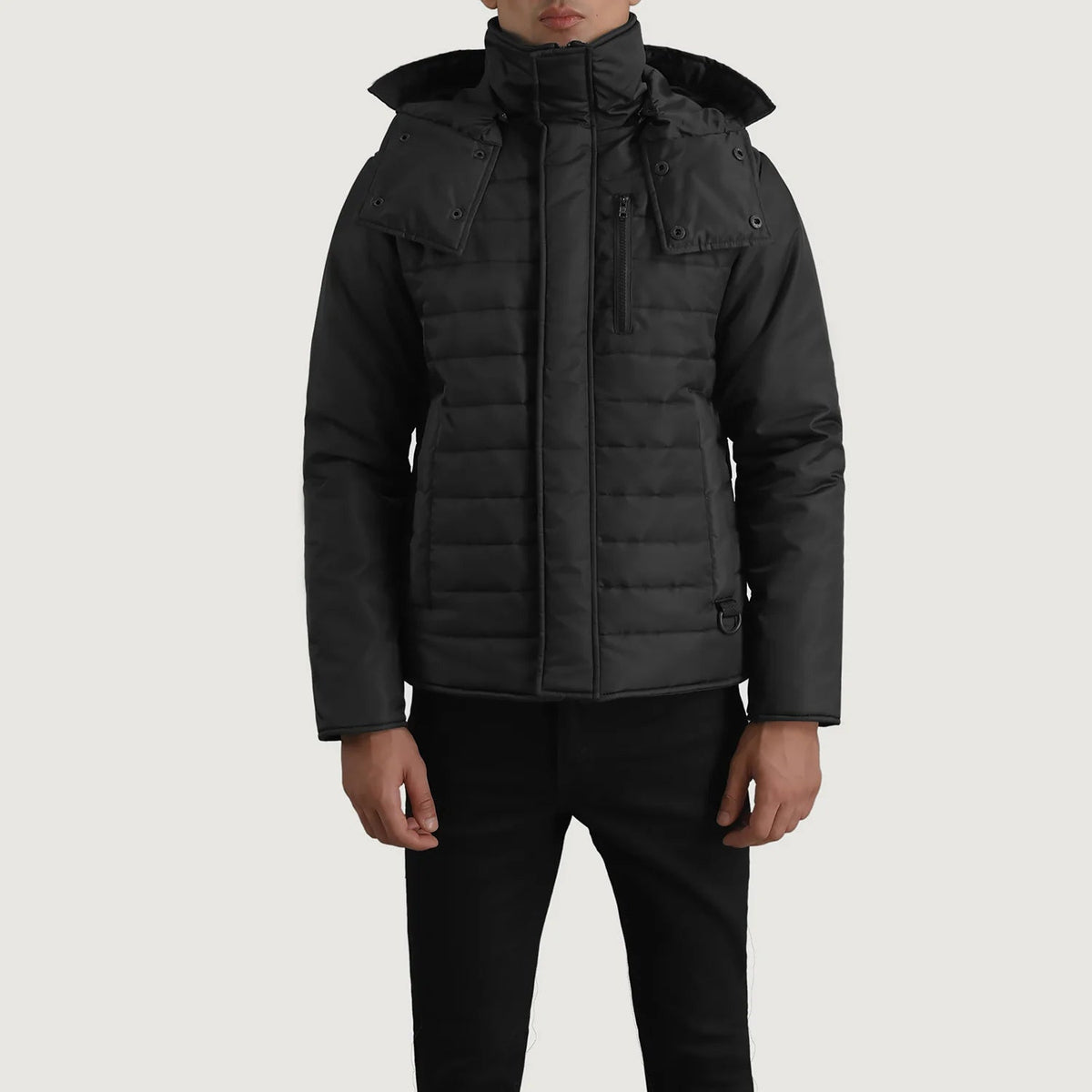 
Vue détaillée of Classic Collar & Zipper With Placket Hardware on Malcolm Noir Hooded Puffer Veste en Cuir pour Homme