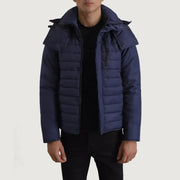 
Malcolm Bleu Hooded Puffer Veste en Cuir pour Homme in Blue Full-Grain Leather - Vue de face & silhouette ajustée | Acheter en ligne