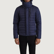 
Vue détaillée of Classic Collar & Zipper With Placket Hardware on Malcolm Bleu Hooded Puffer Veste en Cuir pour Homme