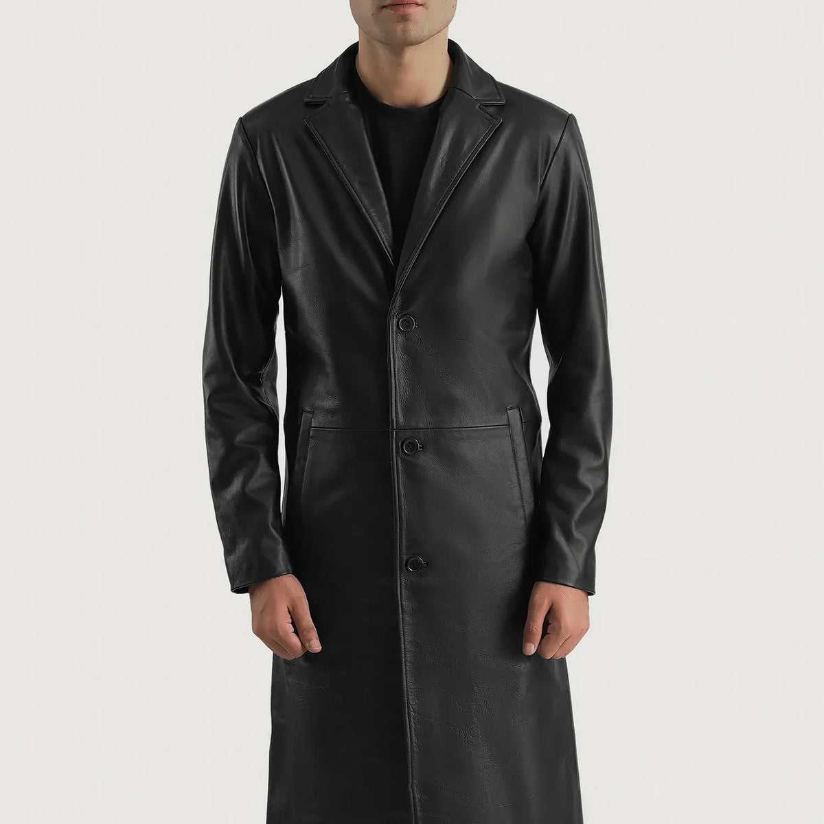 Vue détaillée of Notch &amp; Button Hardware on Mateo Black Leather Single Breasted Coat