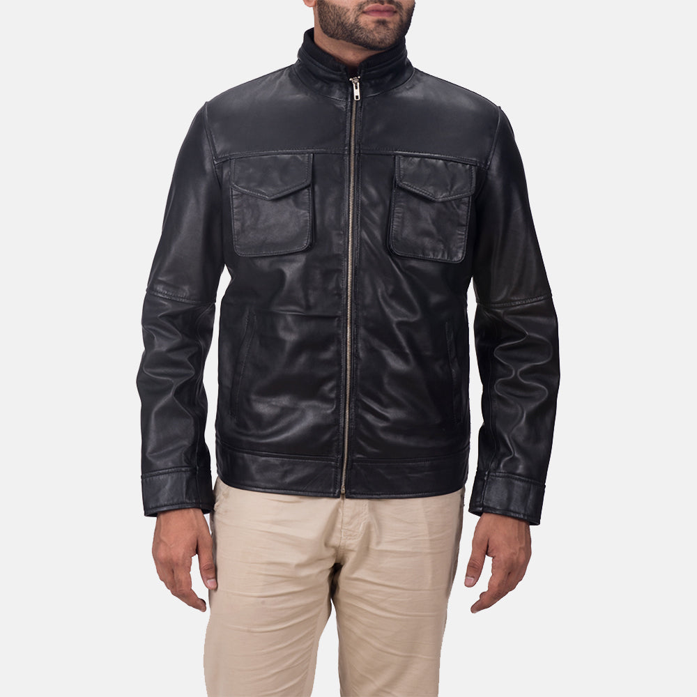 Maurice Noir Veste en Cuir pour Homme in Black Sheepskin Leather - Vue de face &amp; silhouette ajustée | Acheter en ligne