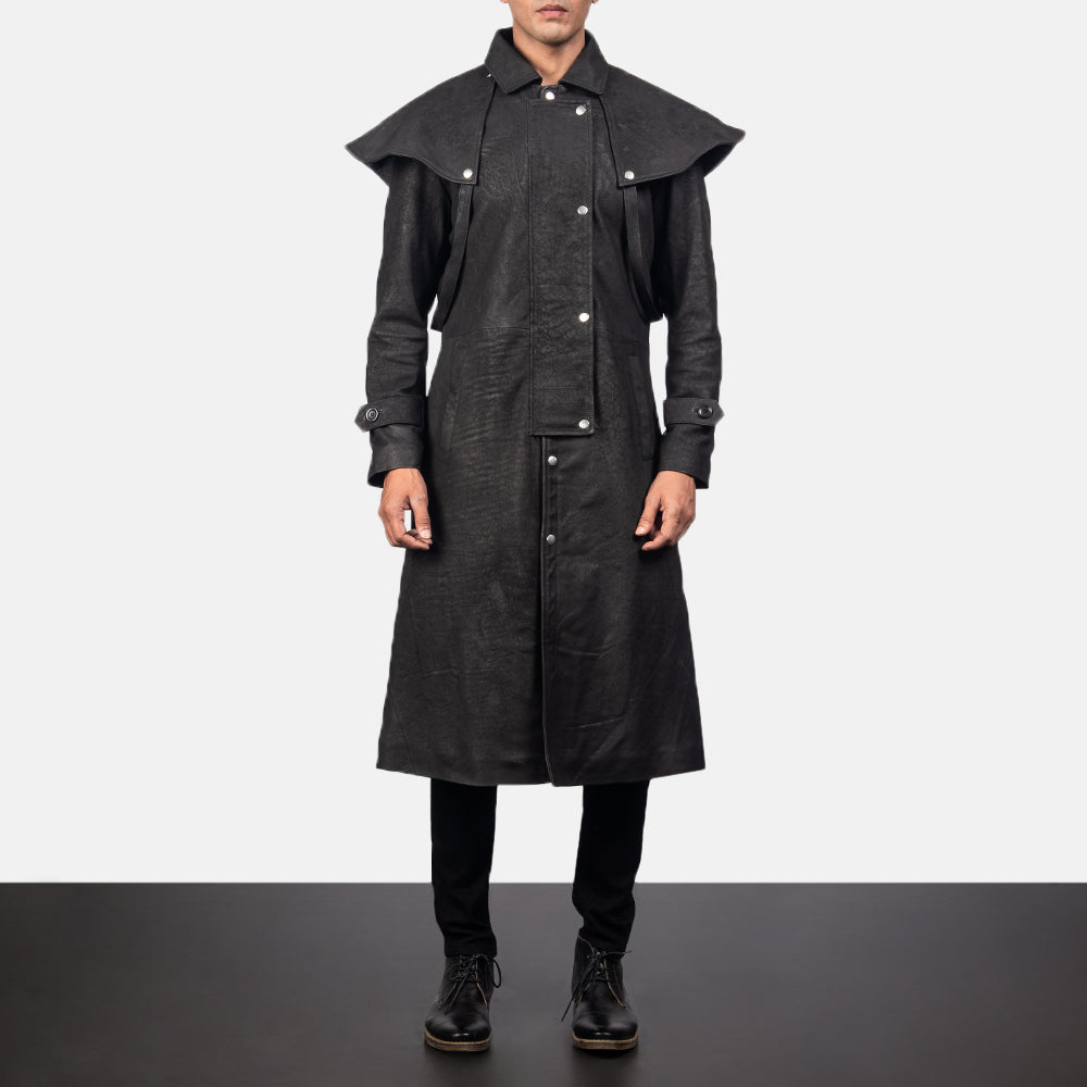 
Maverick Noir Leather Duster pour Homme in Distressed Black Sheepskin Snuffed - Vue de face & silhouette ajustée | Acheter en ligne