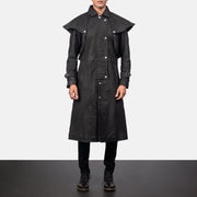 
Maverick Noir Leather Duster pour Homme in Distressed Black Sheepskin Snuffed - Vue de face & silhouette ajustée | Acheter en ligne