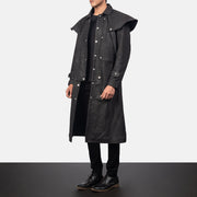 
Distressed Black Sheepskin Snuffed Trench Coat - Vue arrière montrant la carrure ajustée et l'ourlet net