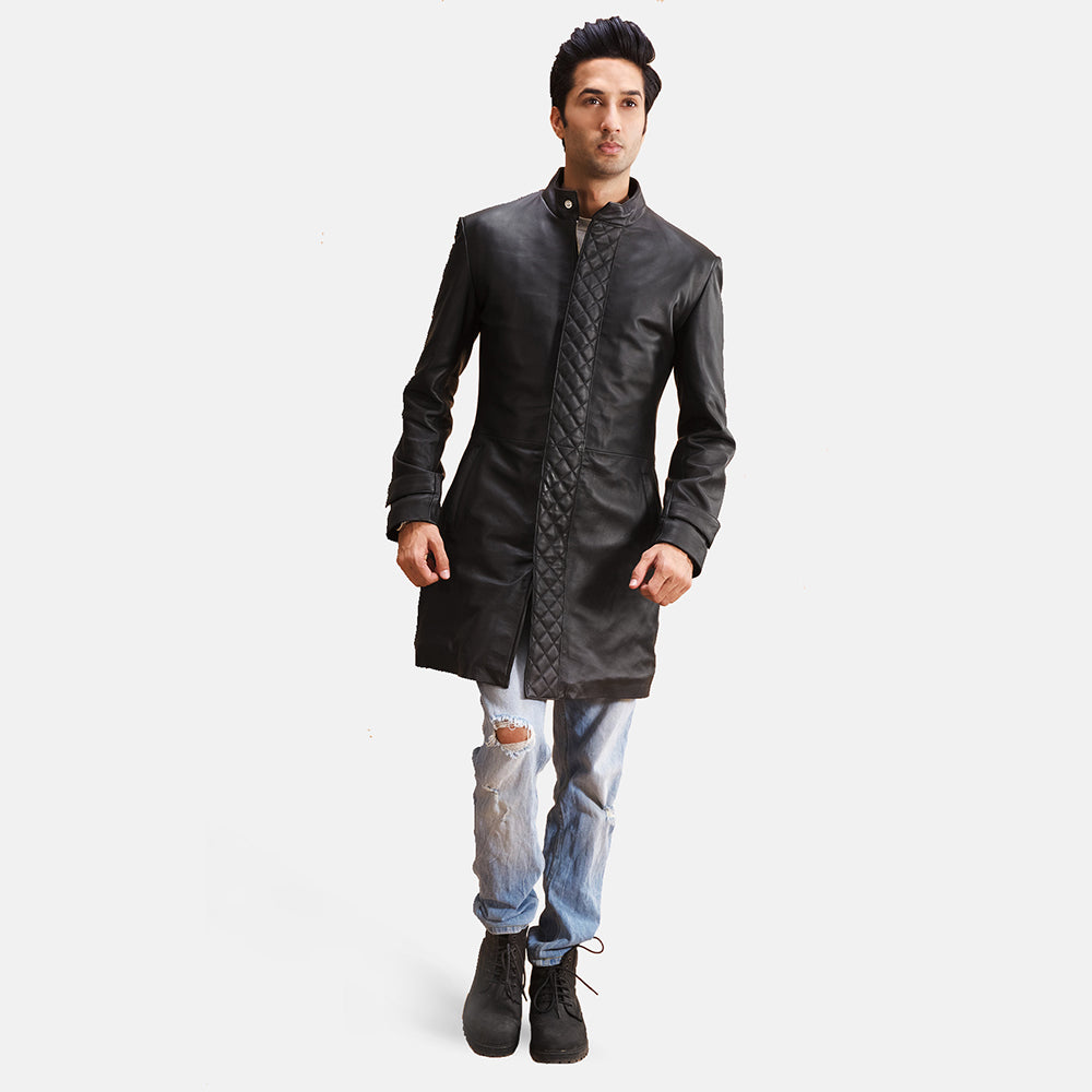 Vue détaillée of Band with snap button &amp; Zipper with button flap Hardware on Men's Midlander Matelassé Noir Manteau en Cuir pour Homme