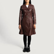Maroon Sheepskin Leather Trench Coat - Vue de dos avec coupe ajustée aux épaules &amp; ourlet soigné
