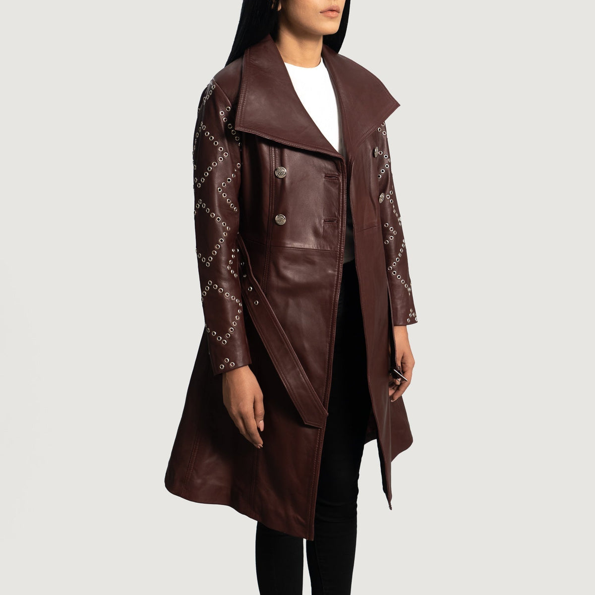 Women's Missoni Bordeaux Trench-Manteau en Cuir en Cuir pour Femme - Vue de profil avec coupe de manche ergonomique