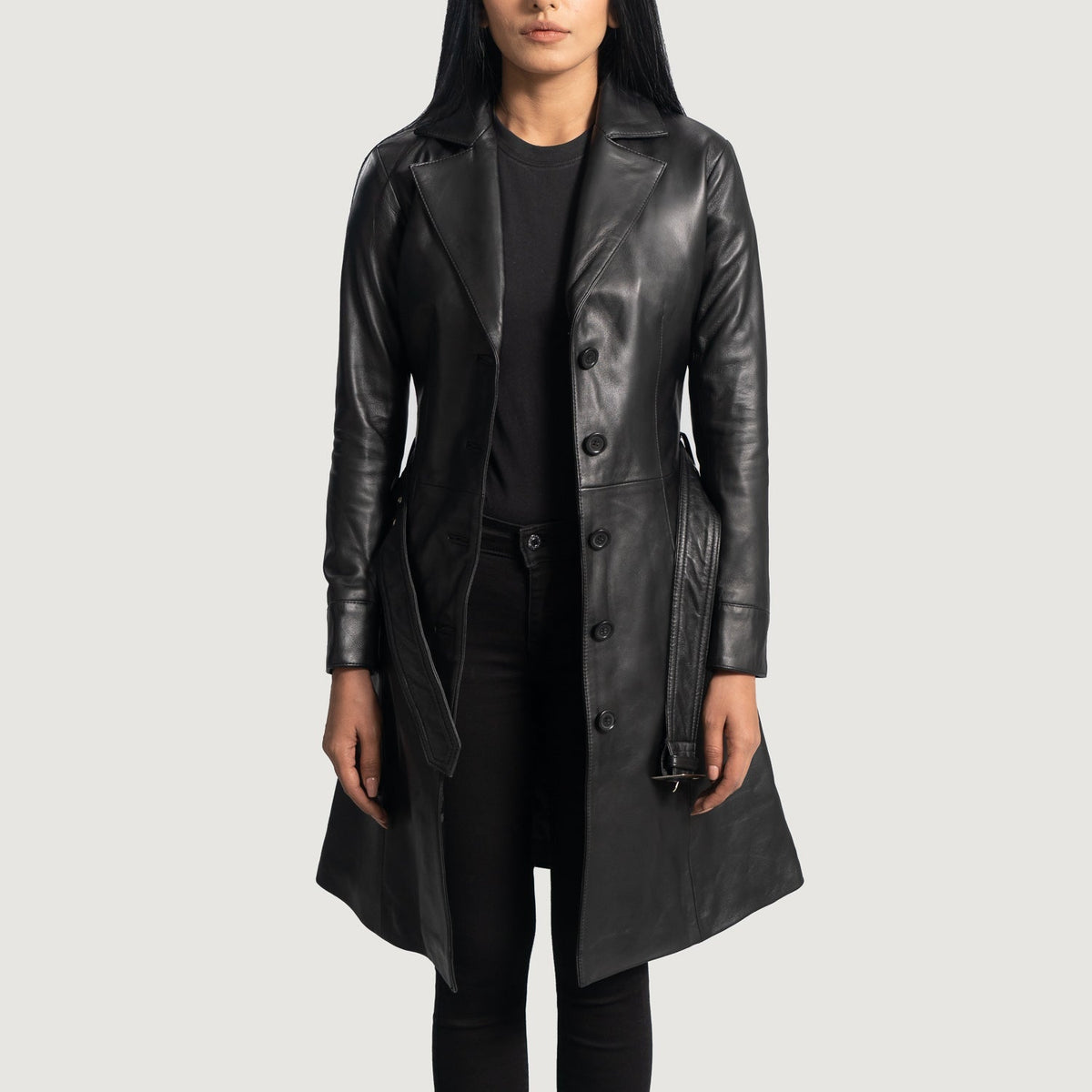 
Moonlight Noir Trench-coat en Cuir pour Femme in Black Sheepskin Leather - Vue de face & silhouette ajustée | Acheter en ligne