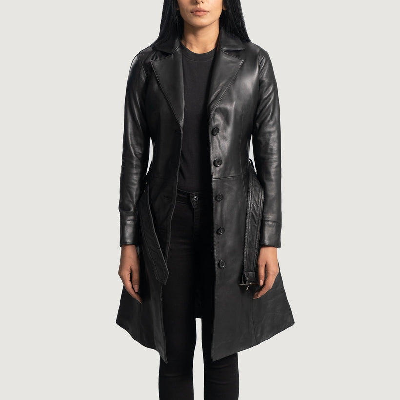 Moonlight Noir Trench-Manteau en Cuir en Cuir pour Femme