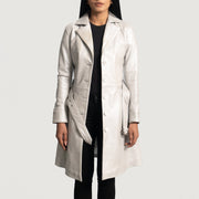 Silver Sheepskin Leather Trench Coat - Vue arrière montrant la carrure ajustée et l'ourlet net