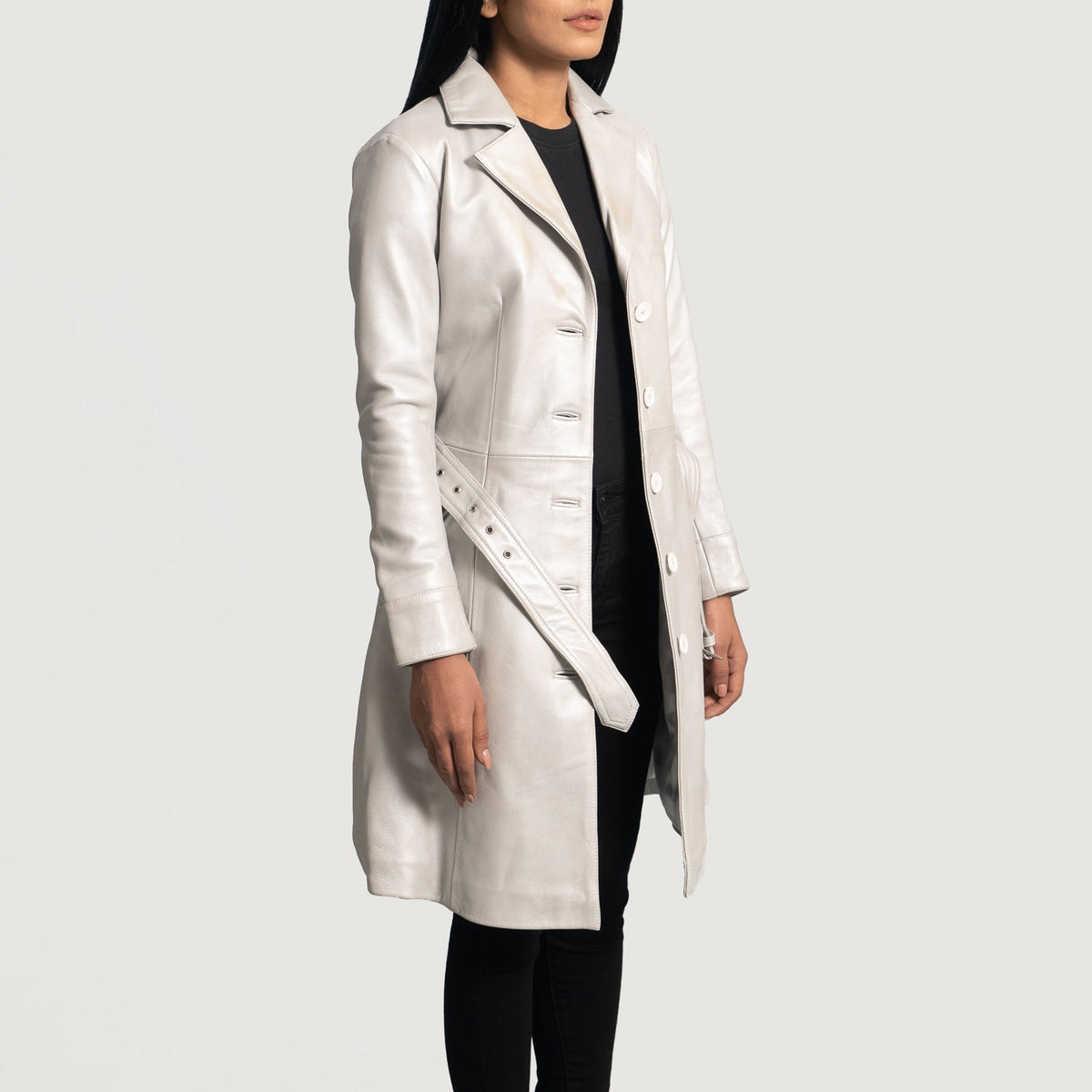 Moonlight Silver Trench-Manteau en Cuir en Cuir pour Femme - Vue de profil mettant en valeur la coupe de manche