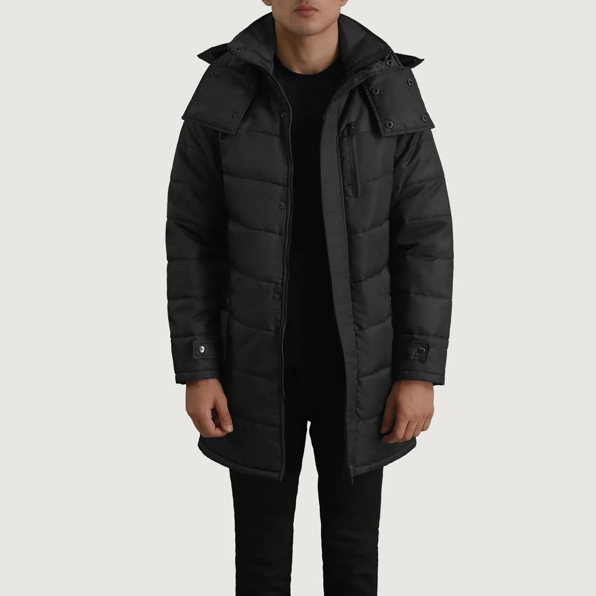 
Moore Noir Hooded Parka pour Homme en cuir de vachette noir véritable - Vue de face & silhouette ajustée | Acheter en ligne