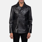 Men's Mr. Bailey Noir Leather Naval Peacoat pour Homme in Black Cowhide Leather - Vue de face &amp; silhouette ajustée | Acheter en ligne