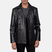 Vue détaillée of Notch &amp; Buttons Hardware on Men's Mr. Bailey Noir Leather Naval Peacoat pour Homme