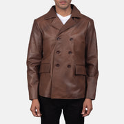 Mr. Bailey Marron Leather Naval Peacoat pour Homme in Brown Cowhide Leather - Vue de face &amp; silhouette ajustée | Acheter en ligne